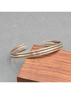 Sterling Silver Brass Cuff Bracelet 6.75" Two Tone Mixed Metal Boho Minimalist